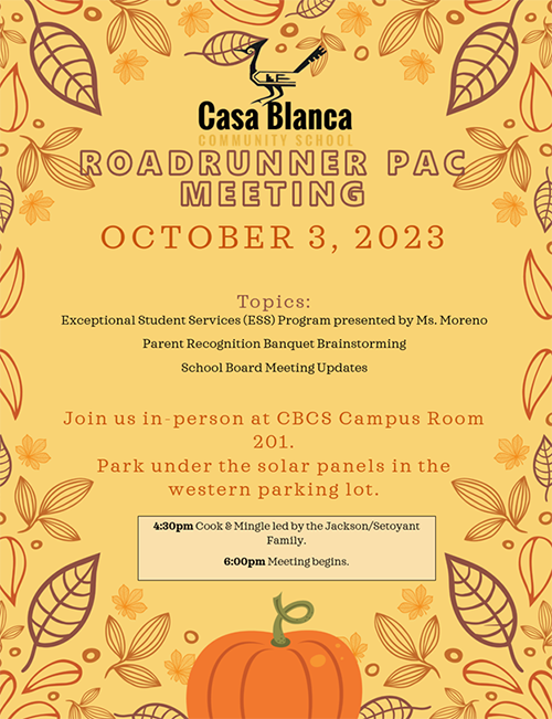 Roadrunner PAC meeting on Tuesday, October 3 flyer